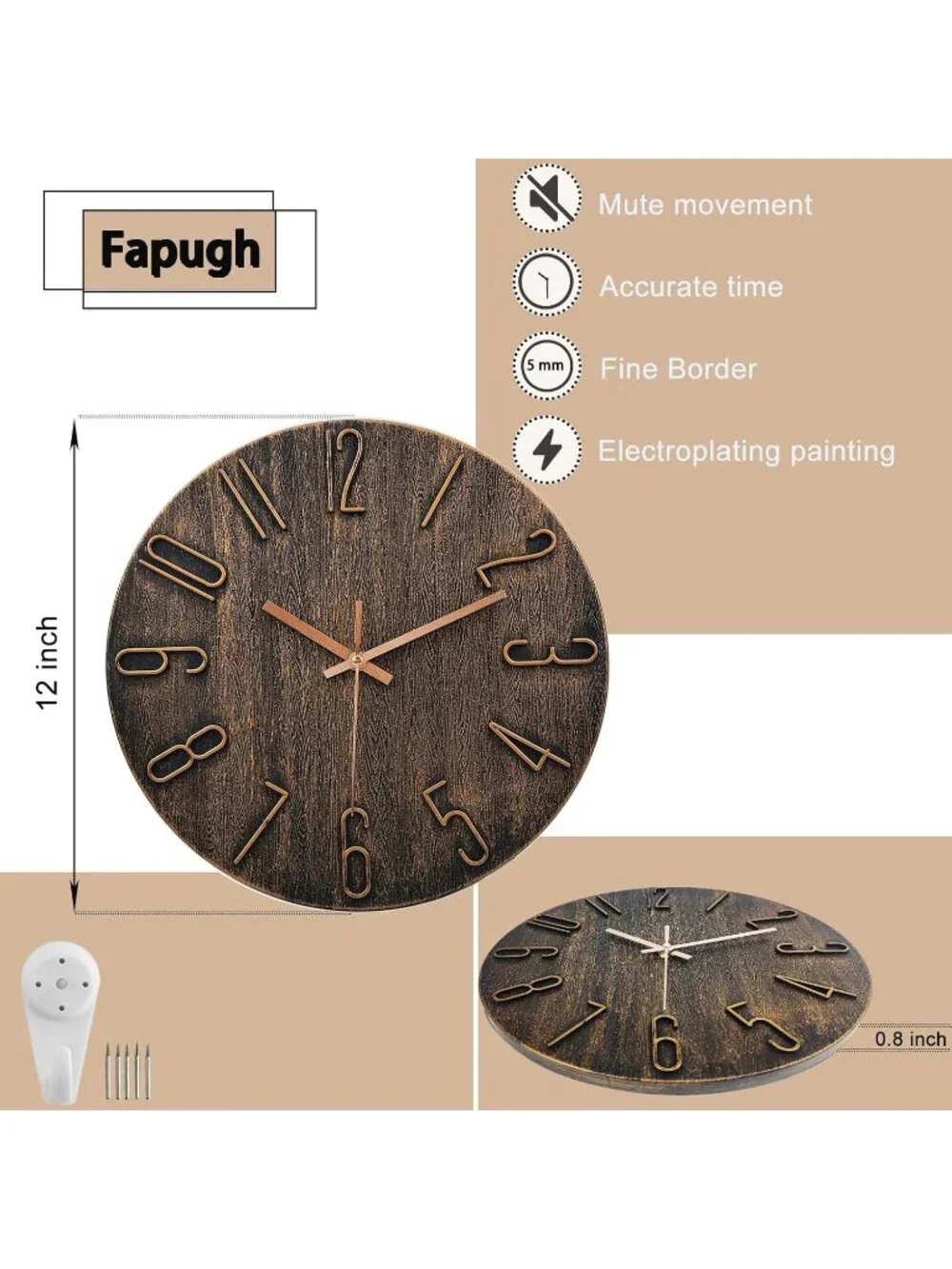 New Brown 12 Inch Silent Battery Operated Modern Wall Clock Large Number Dial